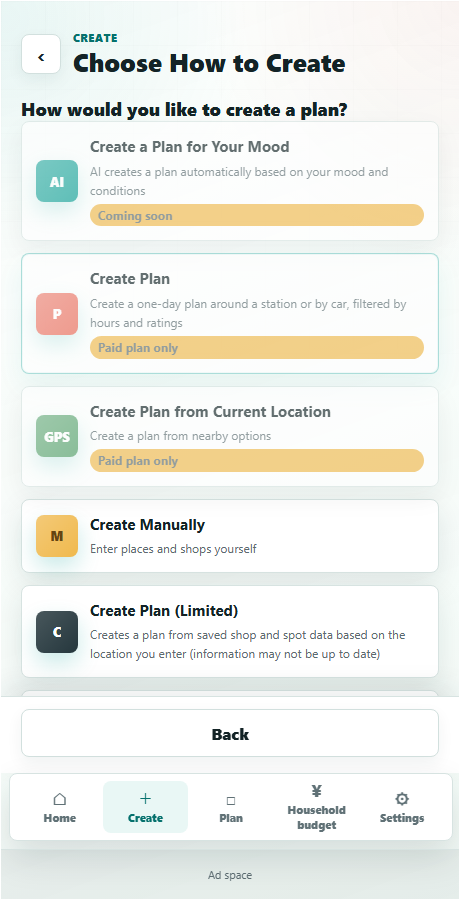 Creation method selection screen